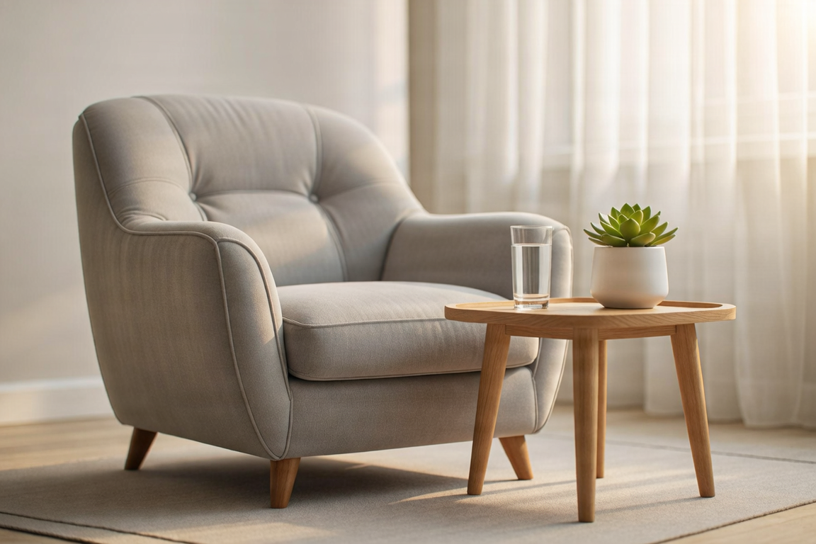 A calming therapy office setting with a comfortable chair, soft lighting, and a green plant, representing a safe space for counseling.